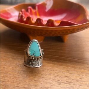 Turquoise Silver Ring with bronze. Organic shape size 6 New from metal artist.